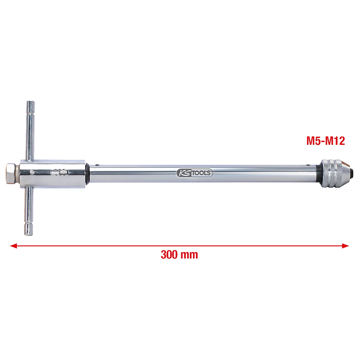 Metall-Gewindebohrer, silberfarben, mit T-Griff und Aufschrift KS TOOLS. Auf dem Bild sind Maße angegeben.